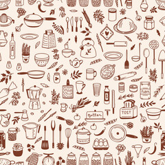 Kitchenware Vector pattern. Tool and ware collection. Hand drawn, doodle cooking icon. Cookware element. Template, banner for design, menu, restaurant, cafe, bakery, wallpaper, recipe card, cookbook.  - obrazy, fototapety, plakaty