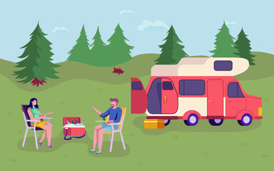 Happy summer camp. Having a picnic in the forest. Traveling by camping caravan, rv. Trailering. Outdoor holidays. Colorful vector illustration. 