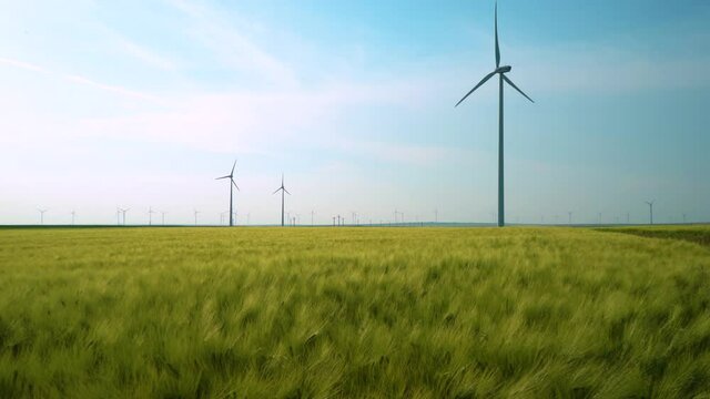 Green wheat field in motion with wind turbines in the background. Wind Farm Turbines in wheat field. Aeolian generators in a beautiful wheat field. Aeolian turbine farm. Wind turbine. Wind energy