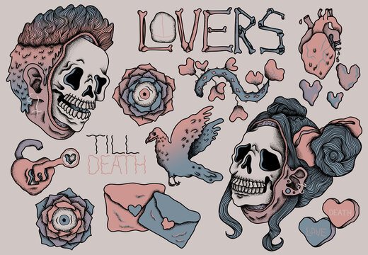 Skull lovers sticker sheet pink and blue