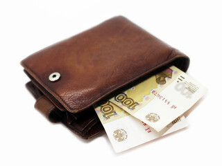 Leather men's wallet and one hundred rubles