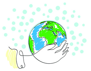 One line drawing of woman hands holding earth globe.
One continuous line drawing of 'save the world'  concept.