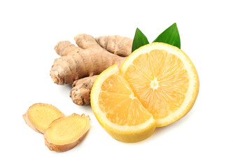 Ginger root with lemon on white backgrounds,