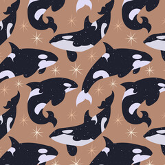 Seamless pattern with orca whales and stars on beige background © Daria