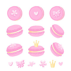 Set of cute macaroons with crown, sakura flowers, bow and heart. Macaroon - French confection of egg whites, icing sugar, ground almonds and food coloring. 