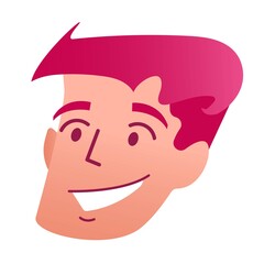 The male face character with pink hair and wide smile. Vector simple illustration, logo. 