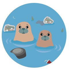 Two baby seal in pollute water with litter, ecology in danger, arctic animal . Save the earth. Our choose is zero waste
