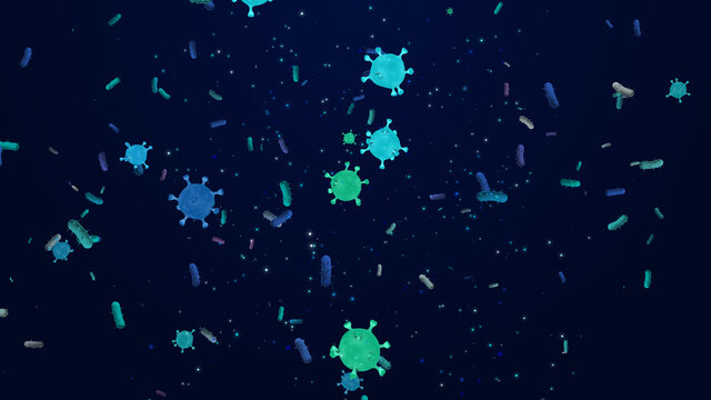large viruses and bacteria floating with particles in a dark background