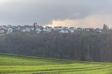 Feld mit grüner Frühsaat vor Panorama einer Ortschaft