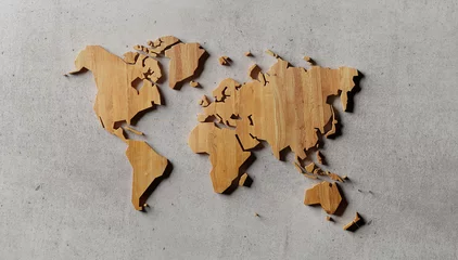Fotobehang Wooden world map on concrete wall. 3D render. 3D illustration. © schab