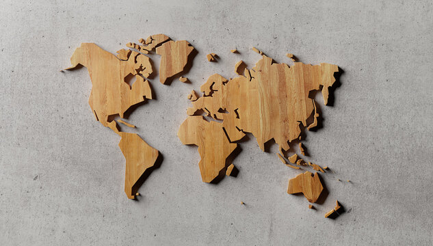 Wooden world map on concrete wall. 3D render. 3D illustration.