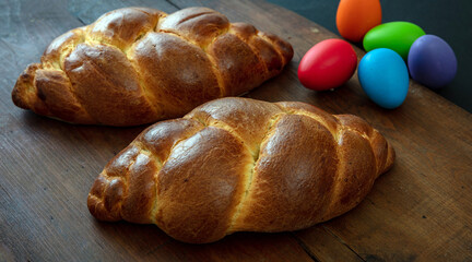 Easter eggs and tsoureki braid, greek easter sweet bread, on wooden background