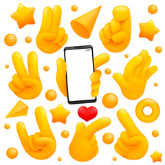 Collection of various emoji yellow hand symbols with smartphone, victory, goodbye signs and other gestures. 3d cartoon style. Vector illustration