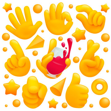 Collection of various emoji yellow hand symbols with wineglass, thubs up sign and other gestures. 3d cartoon style.
