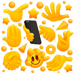 Collection of various emoji yellow hand symbols with smartphone, handshake sign and other gestures. 3d cartoon style.