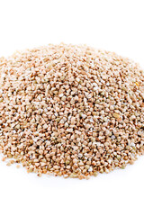 Roasted Buckwheat. buckwheat grain isolated on white background close up. Top view. Buckwheat on a white background.