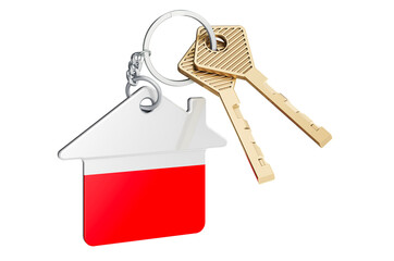 Real estate in Poland. Home keychain with Polish flag. Property, rent or mortgage concept. 3D rendering