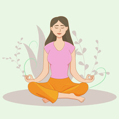 Young woman meditating. Yoga. Concept of healthy lifestyle. Nice woman sitting in lotus position.  Vector isolated background