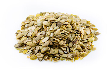 Peeled pumpkin seeds. Heap of fresh shelled pumpkin seeds isolated on white.