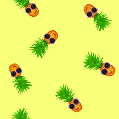 Obraz na płótnie Canvas Seamless pattern with funny pineapples in sunglasses. Summer bright background of exotic fruits.
