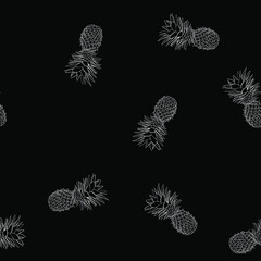 Black and white tropical pattern of hand-drawn pineapples. Summer fruit Doodle on black background.