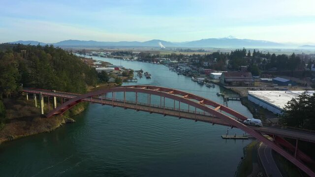 La Conner, Washington With the Historic Rainbow Bridge in the Foreground. The center of town is a historic district and is listed on the National Register of Historic Places.