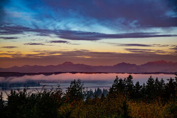 USA, Washington State, Tracyton. Olympic Mountains and autumn color.