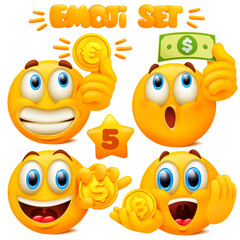 Set of yellow emoji icons Emoticon cartoon character with different facial expressions in 3d style isolated in white background. Dollar, Eoro and bitcoin coins. Part 5