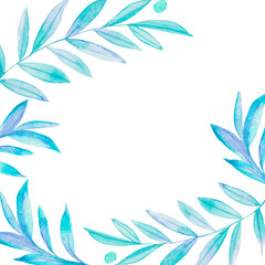 Fototapeta na wymiar Watercolor olive leaf tree background. Frame summer invitation nature design. Wreath floral wedding illustration branch decoration card hand drawn isolated on white.
