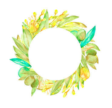 Watercolor Branch Wreath Leaf Nature. Floral Olive Illustration Frame Round Tree Decoration. Summer Plant Food Isolated Green Oil Art. Organic Vegetarian Natural Drawn Background Design Circle.