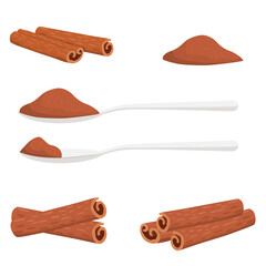 Cinnamon on a white background isolated. Spoonful of cinnamon. Set of elements.