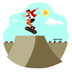 Fototapeta premium Modern urban skateboard park illustration. Man in casual clothes skateboarding and showing exciting tricks with his skate. Sports activities in the summer. 