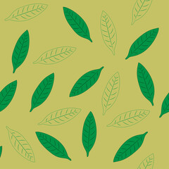 green leaves on a light green background, seamless pattern, vector illustration. For textiles, printing, scrapbook. Stylized leaves seamless pattern. Decorative background.