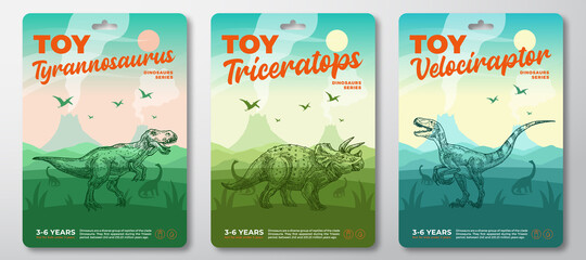 Dinosaur Toys Labels Template Set. Abstract Vector Packaging Design Layouts Collection. Modern Typography with Prehistoric Volcano Landscape and Hand Drawn Dinosaurus Sketch Background. Isolated © createvil