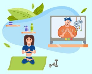 Online yoga with teacher. 
Yoga online concept. Yoga pose, girl is doing physical exercises and watching online classes on tv. Online yoga with instructor at home web banner. Vector illustration. 
