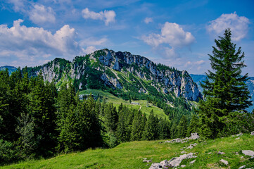 Fototapeta na wymiar view to alpine mountains from hiking path to the Kampenwand, Bavaria, Germany