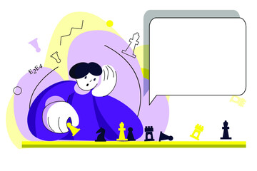 Man play chess illustration on white backgroynd with frame for own text. Yellow and violet colors. For site, banner, chess school. Vextor, EPS10.