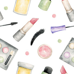 Makeup tools seamless watercolor pattern with doodles
