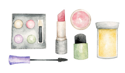 Makeup tools set of watercolor illustrations