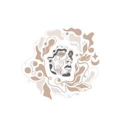 Boho multicultural woman abstract face lines.Hand drawn.Art for an exhibition: music, literature or painting.Vector illustrations of shapes, portraits of people.Continuous line.nature floral