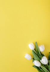 White tulip flowers on a yellow background. Simple concept with a large copy space. Spring still life concept 2021. Minimal style. Flat lay.