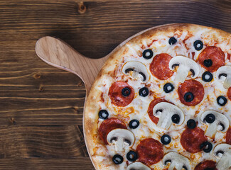 Pizza on the wooden background. Copy space. Place for text and design.