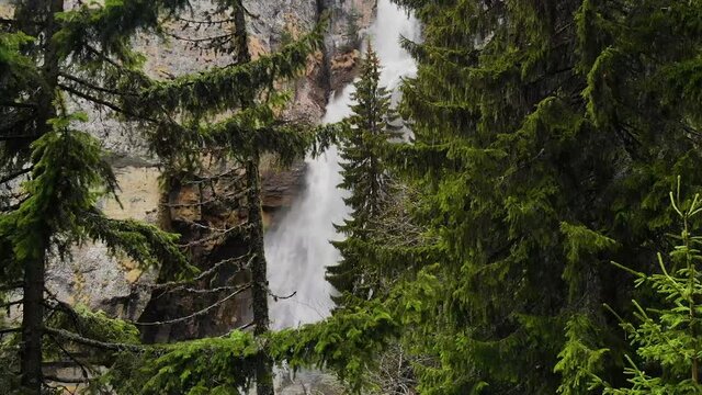 Drone flying over a green forest around a big waterfall in the mountains. Aerial Drone footage 4K. Beautiful nature landscape scene showing the famous waterfall in the Carpathian Mountains, Vanturis