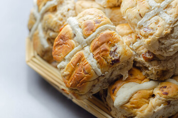 Traditional hot cross buns, bread with characteristic decoration in the shape of a cross