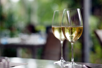 Two glasses of chilled prosecco over tropical background
