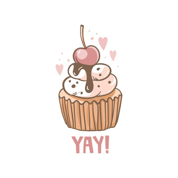 Cupcake decorated with cream and cherries. Chocolate ganache, nuts. Handwritten lettering "yay!". Abstract dots and hearts. Elegant outline drawing. Vector illustration, print design for pastry shop