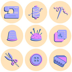 Sewing symbols set in purple and lilac colors. Atelier.