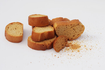 crackers on a white background, crispy rusk on white