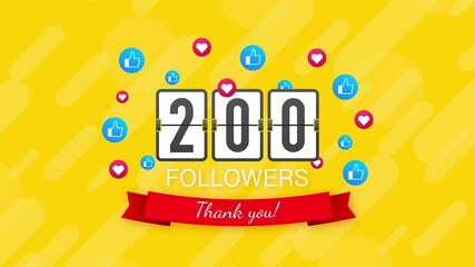 200 followers, Thank You, social sites post. Thank you followers congratulation card. Motion graphics.