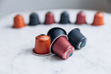 Close up of coffee capsules for different taste
